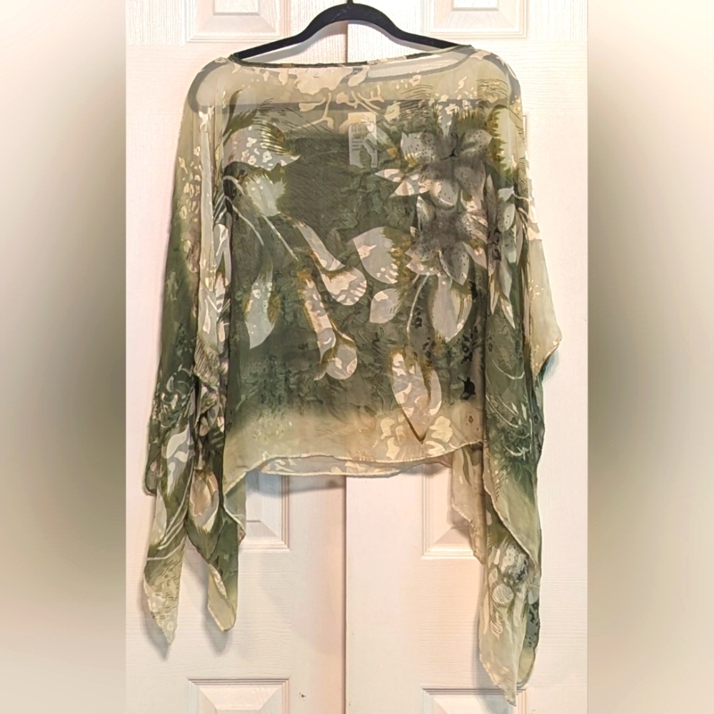 Chico's Silk Blend, Sheer Green Floral Print Poncho - Picture 4 of 5